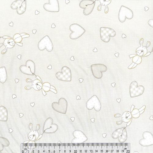 Tecido Algodão Coelho e Corações Creme 1,50Mts.