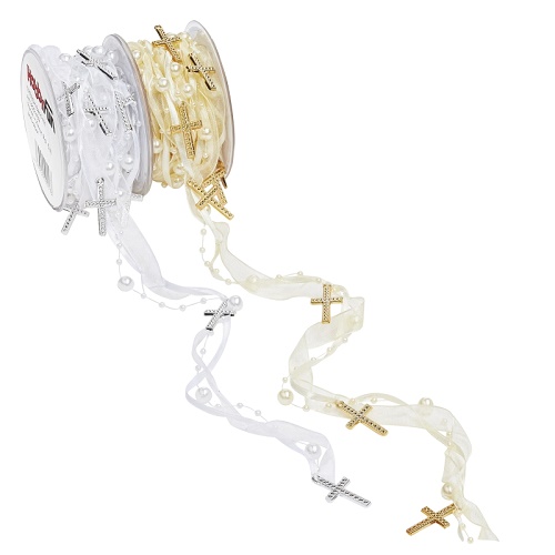 Fita Pérolas e Cruzes 5mt Branco e Ouro