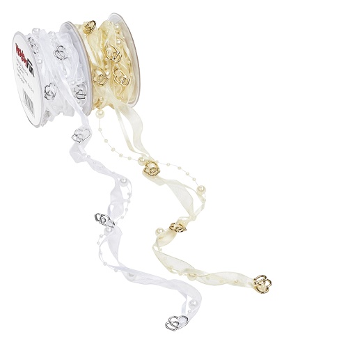 Fita Pérolas e Corações 5mt Branco e Prata