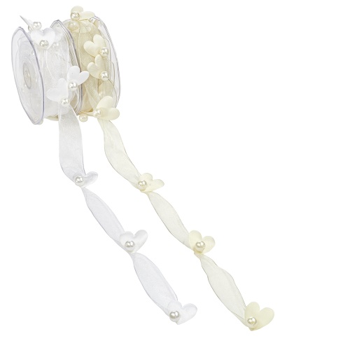 Fita 25mmx5mt Organza Corações e Pérolas Brancas