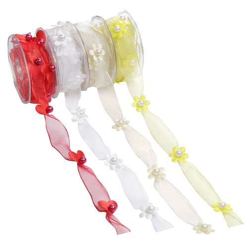 Fita 25mmx5mt Organza Flores  Branco