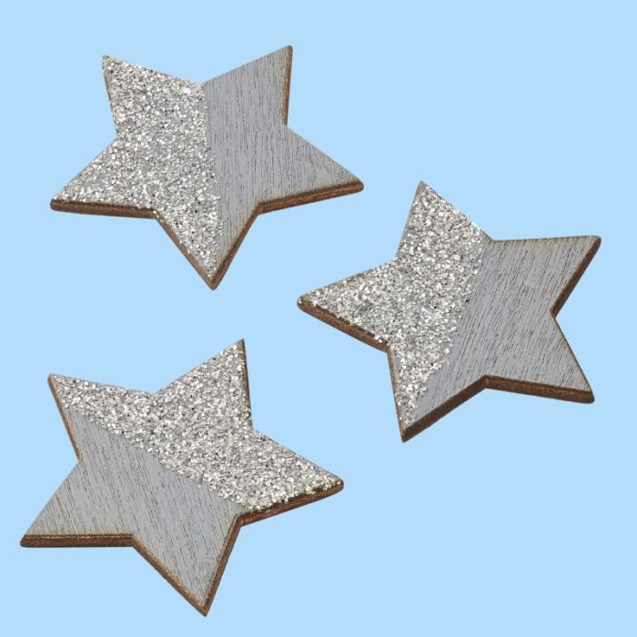 Estrela Madeira Glitter Prata 2.5 Cm. (Blister c/ 6 un.)