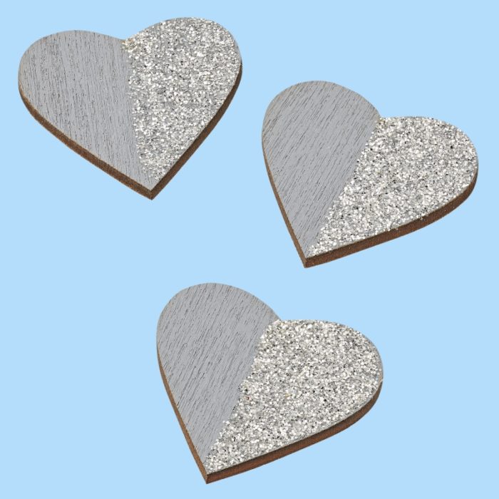 Coração Madeira Glitter Prata 2.5 Cm. (Blister c/ 6 un.)