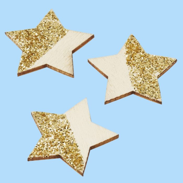 Estrela Madeira Glitter Ouro 2.5 Cm. (Blister c/ 6 un.)