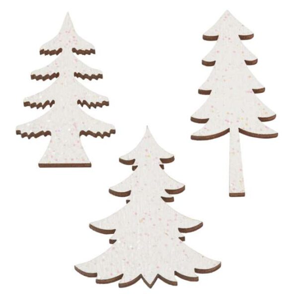 Árvores de Madeira Branco c/ Glitter Sortido 4.5 Cm. (Blister c/ 6 un.)