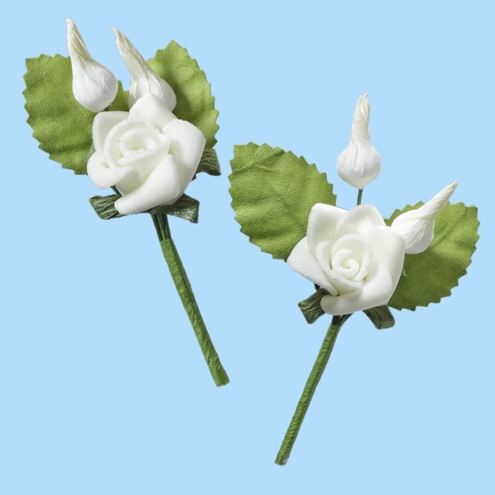 Rosas Brancas c/ Folhas 6 Cm. (12 un.)