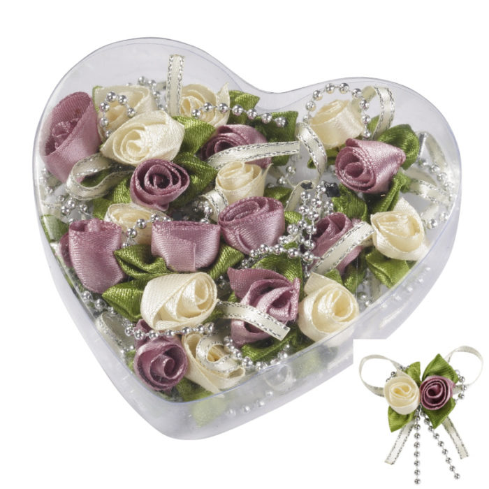 Caixa Coração c/ Rosas e Fita Prata 3 Cm. (10 un.)