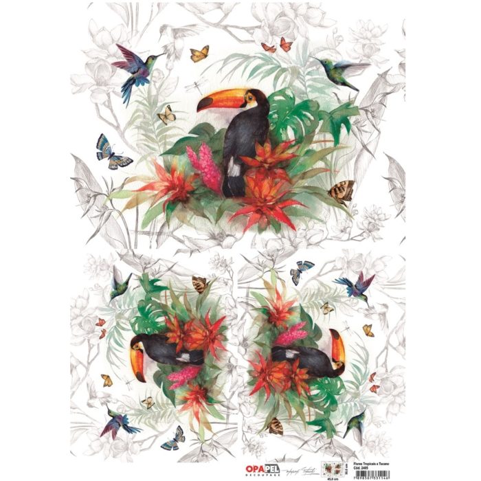 Papel Decoupage Flores Tropicais e Tucano 30X45