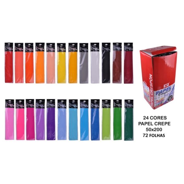 Papel Crepe - Expositor c/ 72 Packs (1 folha 50x200cm) em 24 Cores Sortidas