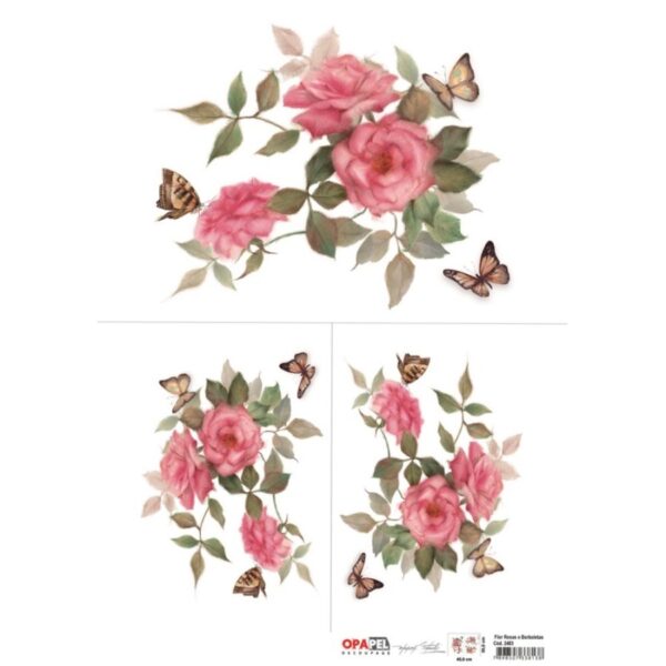 Papel Scrap Flor Rosas e Borboletas 300x450mm