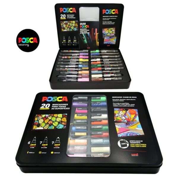 Caixa Metálica Posca c/ 20 Marcadores e Saco de Transporte