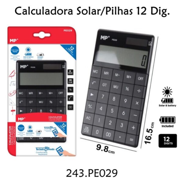 Calculadora Solar e Pilhas Preto 12 Dígitos