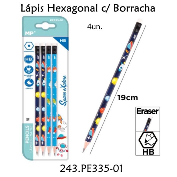 Lápis Hexagonal c/ Borracha 4un.