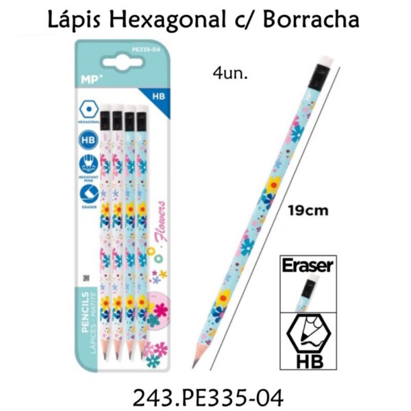 Lápis Hexagonal c/ Borracha 4un.