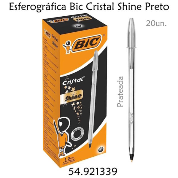 Esferográfica Bic Cristal Shine Preto Prateada cx.20un.